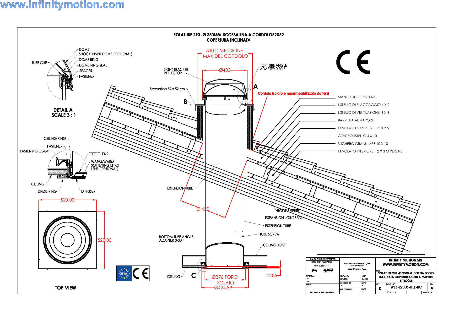 3 Solatube DS 290 Ø 350mm Copertura inclinata in tegole o Coppi scossalina a cordolo 52 x 52 marcatura ce