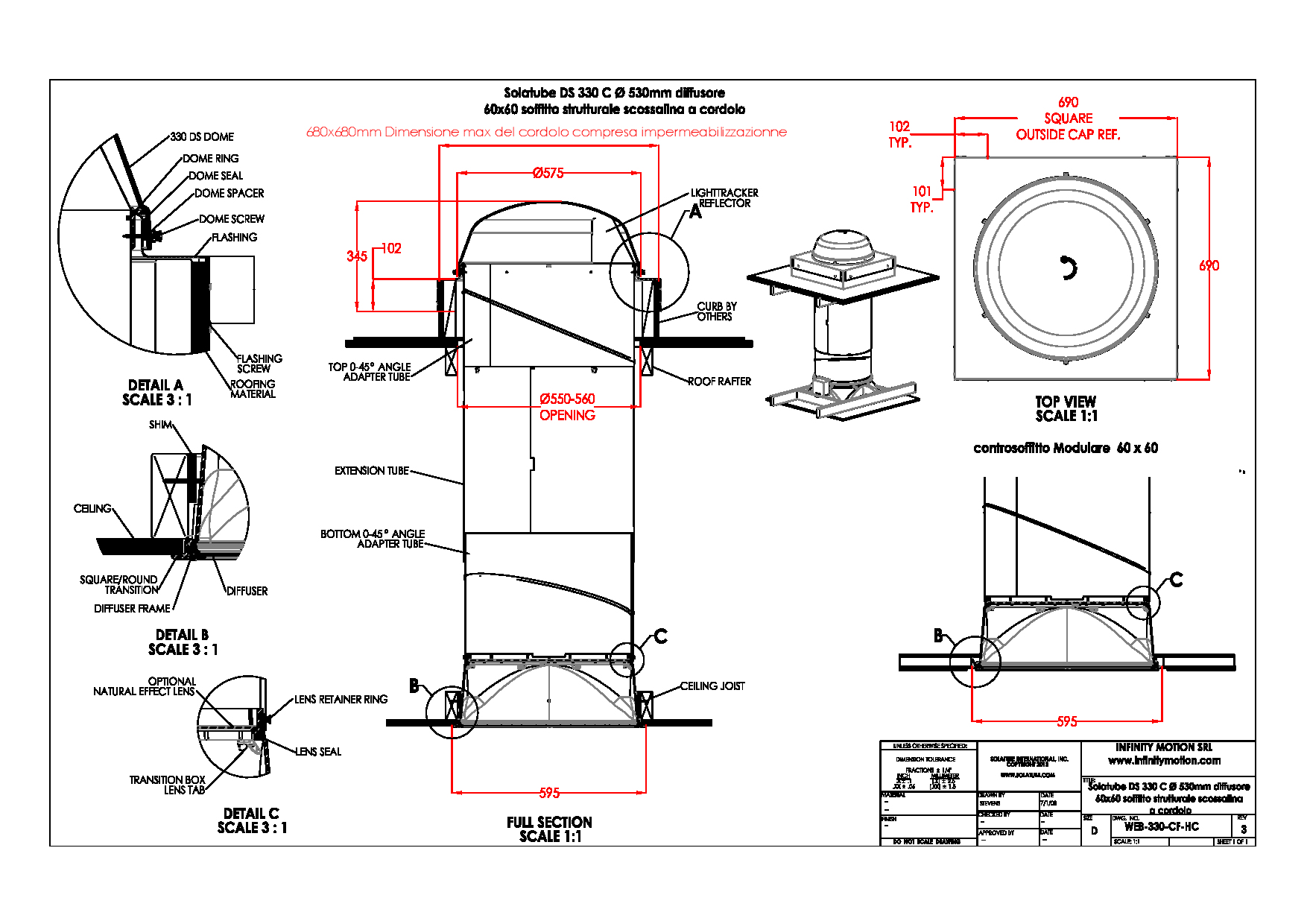 2 Solatube DS 330 C Ø 530mm Copertura piana manti PVC o Bituminosi  Scossalina a cordolo 68 x 68 controsoffitto strutturale e modulare