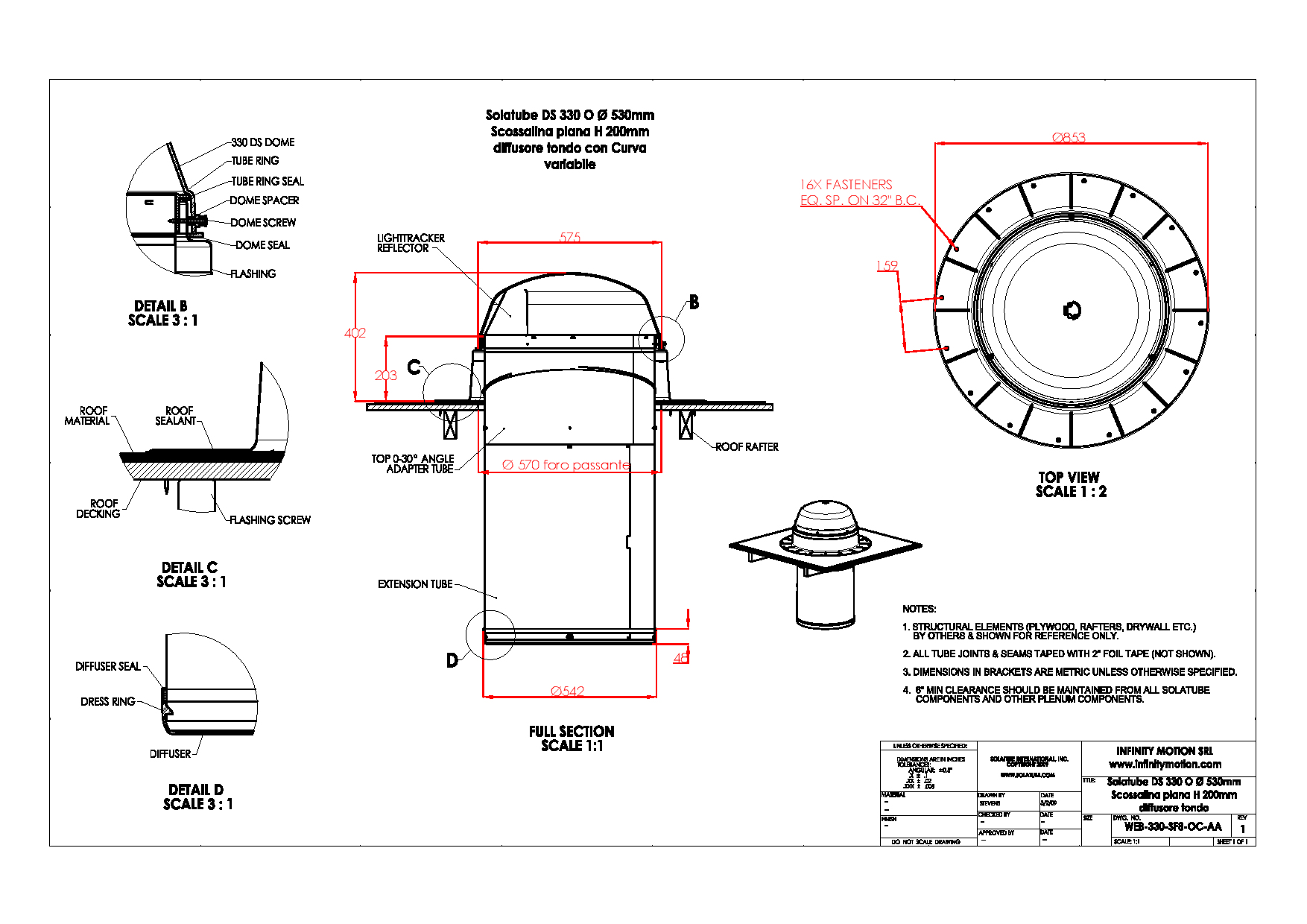 2 Solatube DS 330 O  Ø 530mm  Copertura piana manto bituminoso scossalina piana h 200mm applicazione Sospesa  con curva di partenza-Model