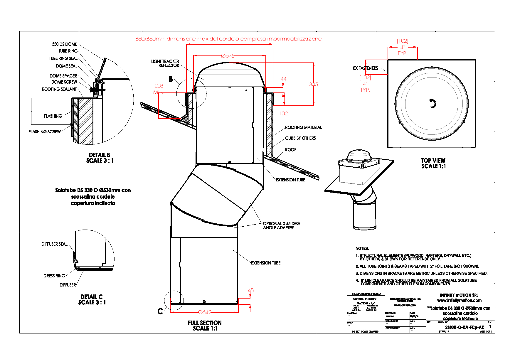 5 Solatube DS 330 O Ø 530mm Copertura Inclinata  Scossalina a cordolo 68 x 68 applicazione sospesa con curva partenza-Model