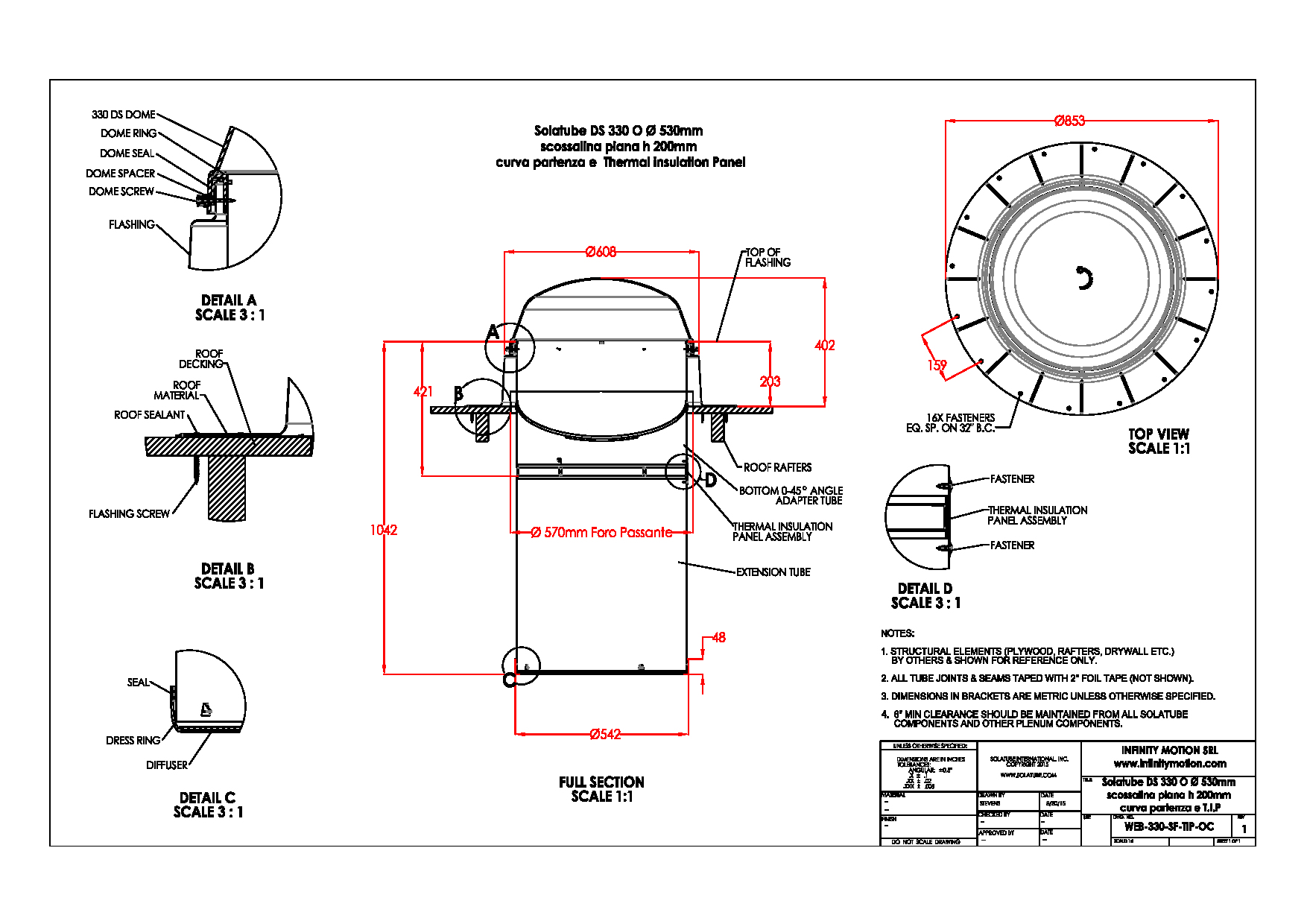 6 Solatube DS 330 O  Ø 530mm  Copertura piana manto bituminoso scossalina piana h 200mm applicazione Sospesa  con curva di partenza e T.I.P-Model