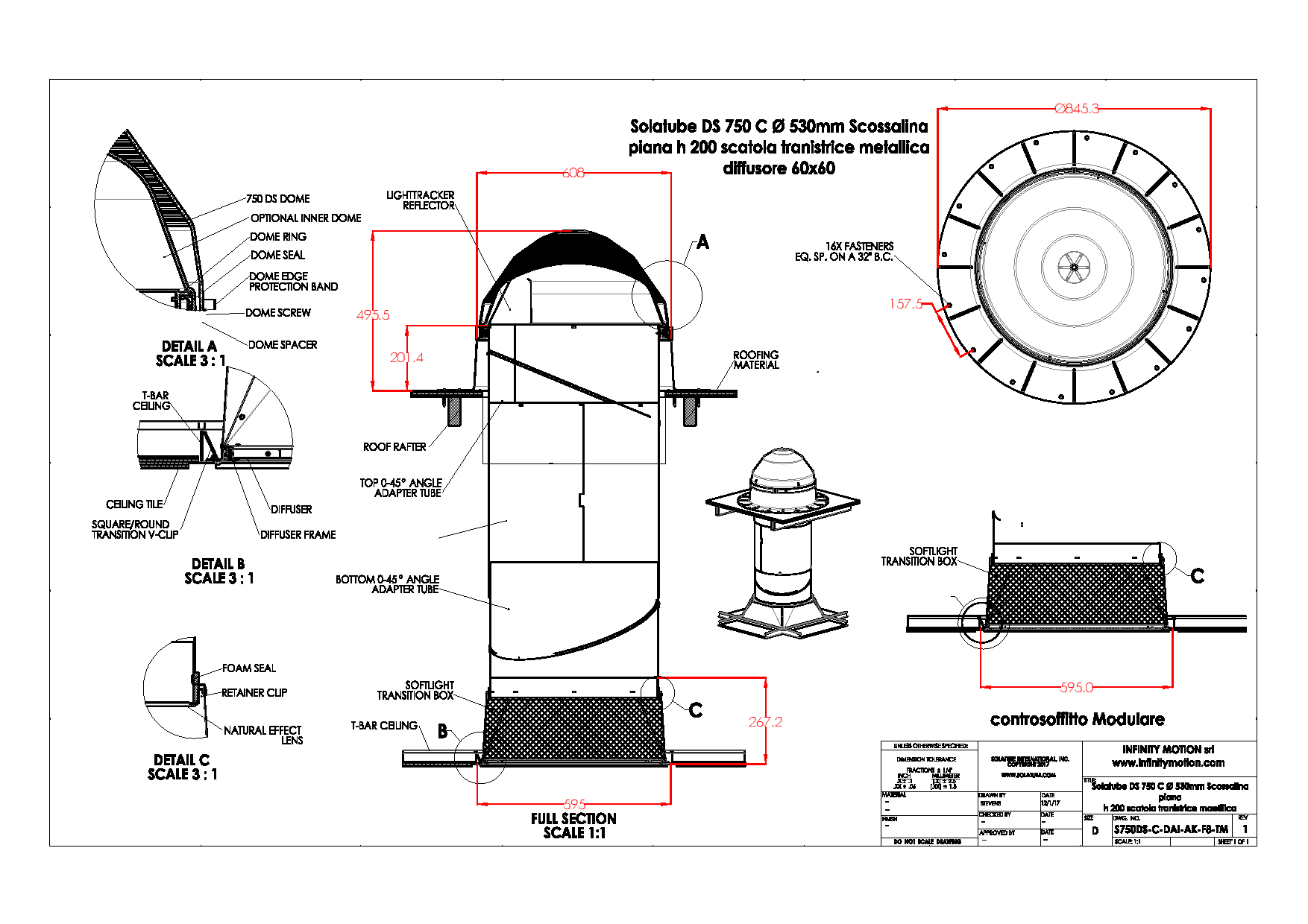 1 Solatube DS 750  C Ø 530mm  Copertura piana manto bituminoso scossalina piana h 200mm con controsoffitto strutturale eo modulare scatola transitrice metallica