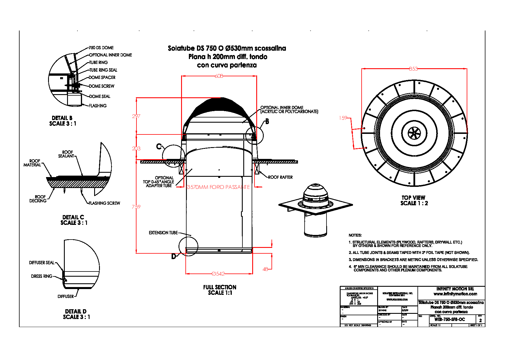 1 Solatube DS 750 O  Ø 530mm  Copertura piana manto bituminoso scossalina piana h 200mm applicazione Sospesa  con curva di partenza-Model