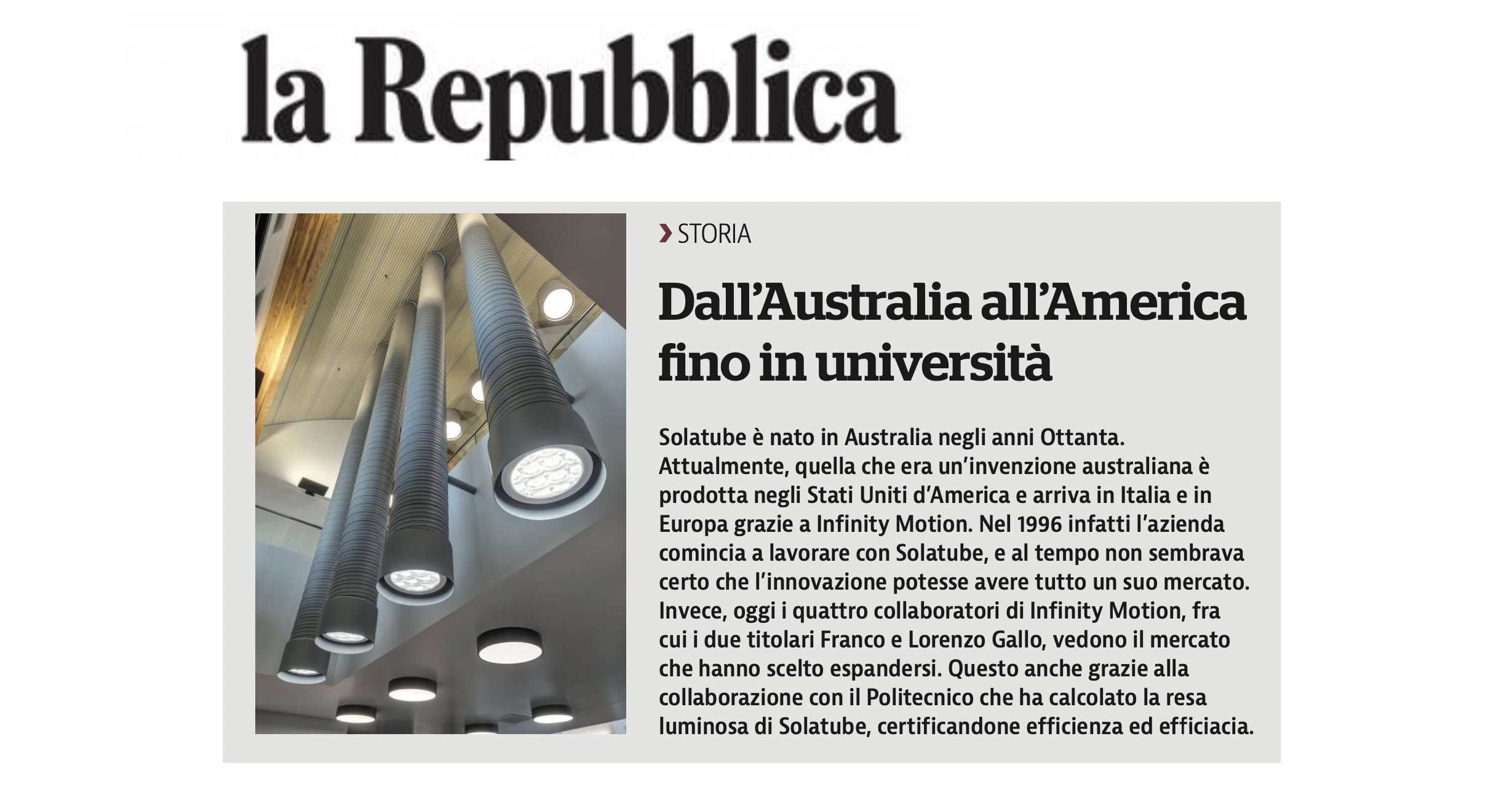 Solatube dall’Australia all’America fino in università a cura del quotidiano Repubblica